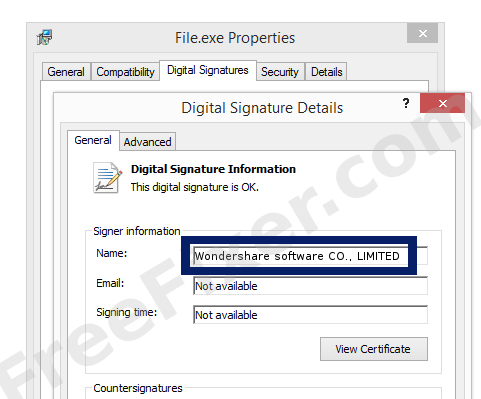 Screenshot of the Wondershare software CO., LIMITED certificate